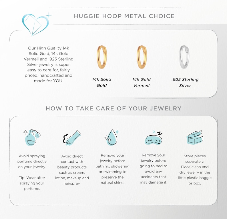 May include: Three huggie hoop earrings in different metals: 14k solid gold, 14k gold vermeil, and .925 sterling silver. The image also includes text about how to take care of your jewelry.