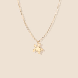 May include: A gold chain necklace with a small turtle pendant.