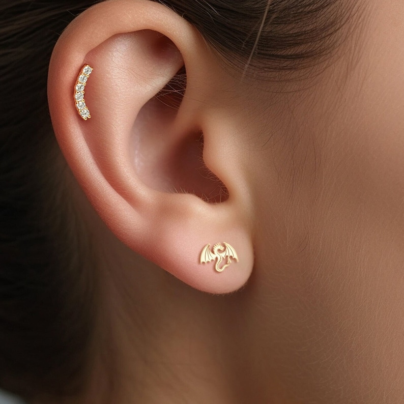 May include: A close-up of a person's ear with two earrings. The top earring is a curved bar with five small clear stones. The bottom earring is a small gold dragon.