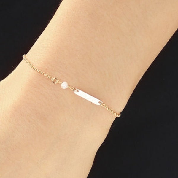 Gold Tiny Bar Bracelet, Bar Bracelet, Name Engraved Bracelet, Customized Bracelet, Bridesmaid Jewelry, Gift for Her, New Mom Jewelry