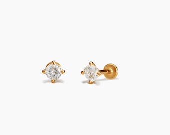 Dainty CZ Stud Earrings, CZ Minimalist Stud Earrings, Gold Earrings, Cartilage earring, Flat back earrings, Threader Earrings, Gift for Her