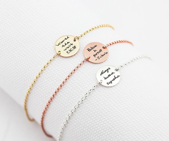 Personalized Disc Bracelet Handwriting Engraved Bracelet YOUR HANDWRITING or Image Sterling Silver Gold or Rose Gold Jewelry For Her