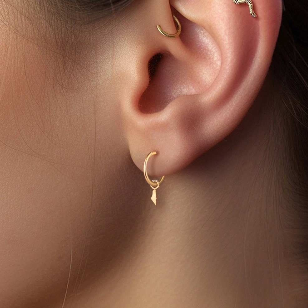 Huggie Hoop Earrings with Map or Palestine Charm, Handcrafted in Gold Vermeil, Silver, Solid 14k Gold | Handcrafted Palestine Jewelry