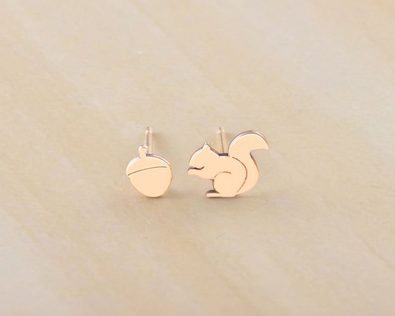 Squirrel and Acorn Earring, Dainty Earring, Mix and Match Gold Earring, Handmade Jewelry, Bridesmaid Gift,Mother's Day Gift,Graduation Gift. image 2