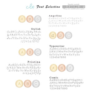 May include: A graphic showing different font styles for personalized jewelry. The fonts are Angelina, Stylish, Typewriter, Pristina, and Comic. Each font style is shown with the letters A, B, and C in gold, rose gold, and silver.