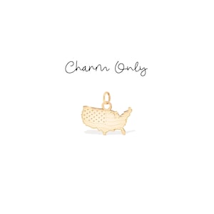 May include: A gold-colored charm in the shape of the United States, featuring the American flag design. The charm has a loop at the top for attaching to a necklace or bracelet. The text "Charm Only" is written in cursive.