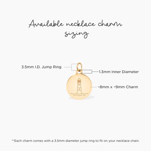 May include: Gold-toned lighthouse charm necklace pendant with a 3.5 mm jump ring. The charm measures approximately 8 mm by 9 mm.  The charm has a 1.3 mm inner diameter.