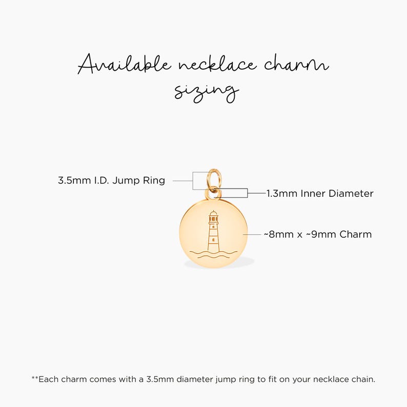May include: Gold-toned lighthouse charm necklace pendant with a 3.5 mm jump ring. The charm measures approximately 8 mm by 9 mm.  The charm has a 1.3 mm inner diameter.
