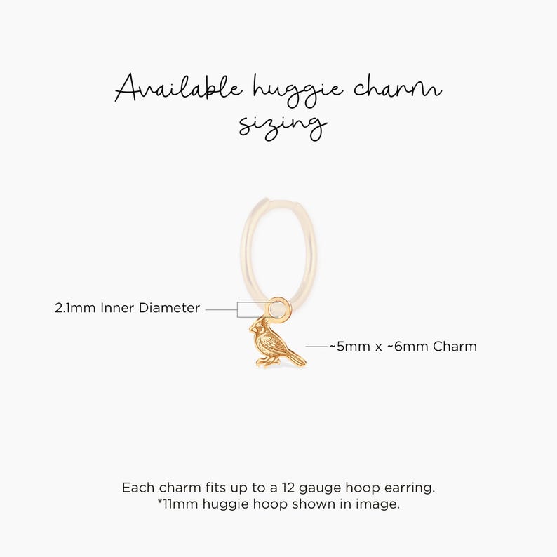 Cardinal bird charm pendant in gold tone, tiny sculpted bird with loop, fits huggie hoop earring, sleek modern style, great pick for bird lovers or memorial theme buyers looking to add a charm