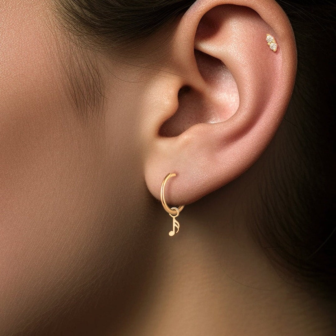 Musical Note Hoop Musical Note Charm Huggie Hoop Earrings - Gold Vermeil, Sterling Silver ...