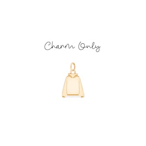 Può includere: Un ciondolo color oro a forma di felpa con cappuccio. Il ciondolo ha un piccolo anello nella parte superiore per il fissaggio a una catena o un braccialetto. Il testo "Charm Only" è scritto sopra il ciondolo in corsivo.