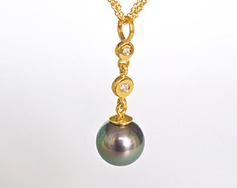 Tahitian Pearl Pendant, 18k Gold Diamond Pearl Necklace, Tahitian South Sea Pearl Set in 18k Gold with Diamonds, Gift for her