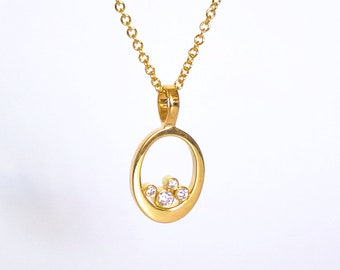 Unique Diamond Gold Pendant Necklace, Solid 18k Gold Diamond Oval Frame Necklace, Diamond Cluster Pendant, Gold Diamond Charm, Gift for Her