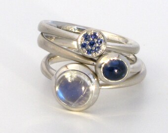 STAX 18k white gold stacking and wedding rings with sapphire, moonstone, sapphire pavé, one-of-a-kind