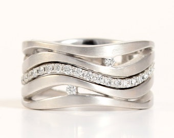 Platin 'Wave' Diamant Braut 3 Ring Set | Verlobungsring, Ehering, Diamant Pave Ewigkeit Band | Womens Platin Ehering Set