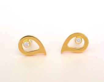 18k Gold Diamond Stud Earrings, Small Paisley Gold Earrings, Minimalist 18k Gold Earring Studs, Paisley Frame Diamond Ear Stud,Gifts for Her