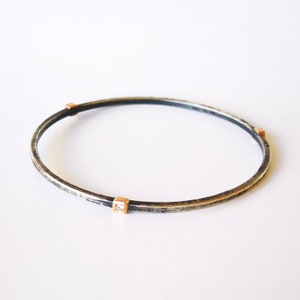 Diamond Bangle, Diamond Cuff Bracelet, Hand Forged Stacking Bangle, Antique Finished Sterling Silver + 3 Bezel Set Diamonds in 18k Rose Gold