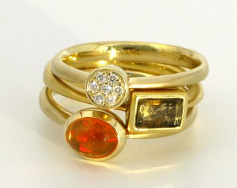 18k Gold Stacking Rings, Unique Engagement Rings, Wedding Bands, Diamond Pave Ring, Tourmaline Ring, Fire Opal Ring, Gold Stacking Ring Set