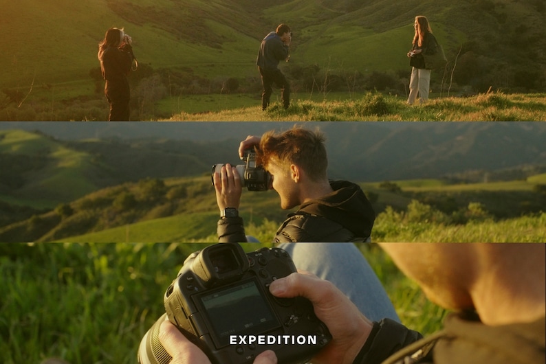 K&ouml;nnte beinhalten: Eine Person fotografiert einen gr&uuml;nen, grasbewachsenen H&uuml;gel mit einer Kamera. Auf dem Bildschirm der Kamera steht das Wort "EXPEDITION".