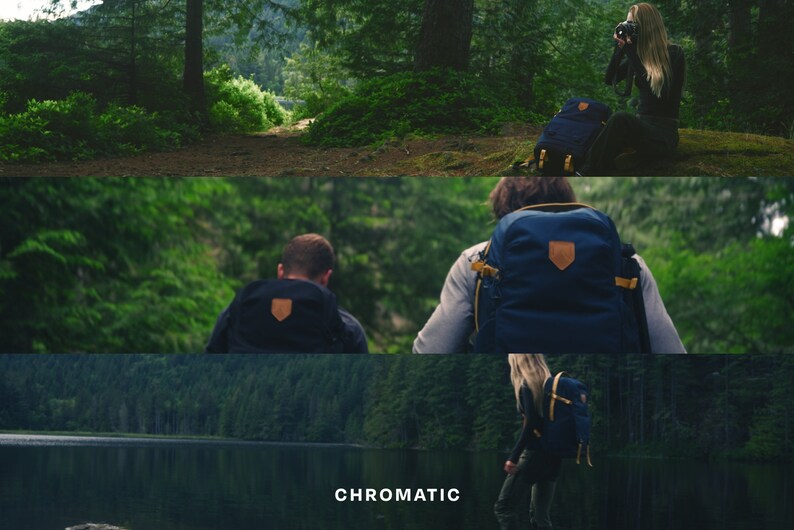 K&ouml;nnte beinhalten: Drei Personen wandern in einem Wald. Sie tragen alle blaue und schwarze Rucks&auml;cke mit einem braunen Lederflicken. Die Rucks&auml;cke haben gelbe Akzente. Der Wald ist &uuml;ppig und gr&uuml;n.