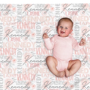 Personalized Baby Girl Blanket, Flower Baby Blanket, Baby Name Blanket, Swaddle Blanket, Custom Swaddle Blanket, Pink and Gray, Roses