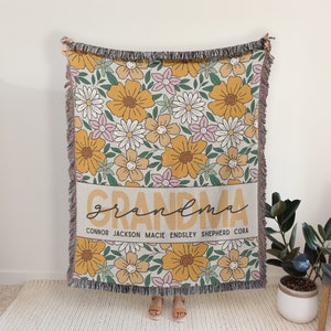 Personalized Woven Grandmother Blanket: Floral Family Name Throw