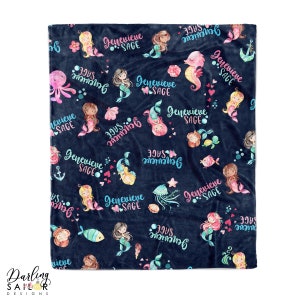 Personalized Mermaid Name Blanket, Mermaid Fleece, Name Blanket, Navy, Pink, Black, White, Purple, Mermaid Baby Blanket, Little Girl