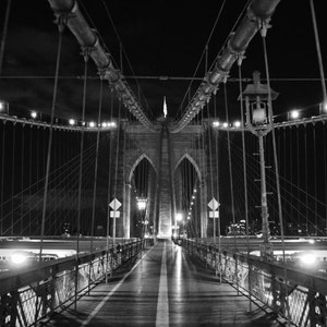 New York City's Brooklyn Bridge at Night - A Walk Across the Boardwalk to Manhattan - Black & White Photo Wall Art Picture Poster