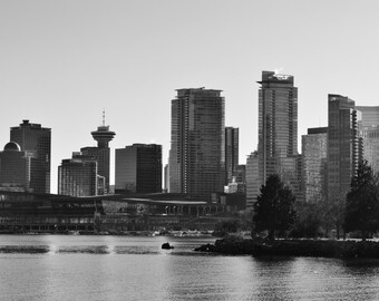 Downtown Vancouver From Stanley Park - British Columbia, Canada - Black & White Photo Poster Wall Art Image - 8x10 or 16x20