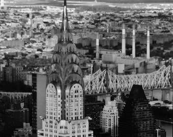 New York City Skyline - 8x10 Black & White Photo Wall Art Picture - Chrysler Building and Queensboro River Bridge at Sunset, Manhattan