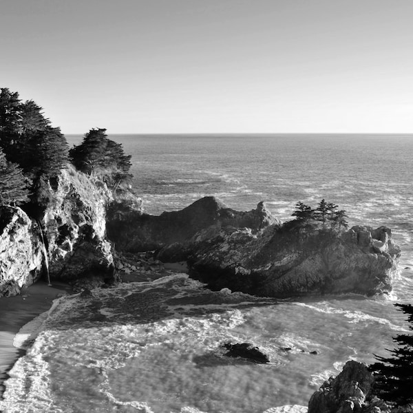 McWay Falls at Julia Pfeiffer Burns State Park in Big Sur, California - Black and White Photo Wall Art Image