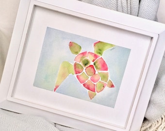 Sea Turtle Original Watercolor, Pink and Green,  Instant Download