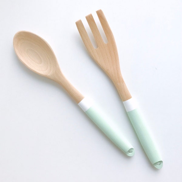 Mint Wood Serving Utensils | Kitchen Utensil Set | Wooden Spoon and Fork | Cooking Utensils | Salad Serving Utensil Set | Set of 2