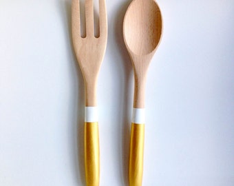 Gold + White Wood Serving Utensils | Kitchen Utensil Set | Wooden Spoon and Fork | Cooking Utensils | Salad Serving Utensil Set | Set of 2