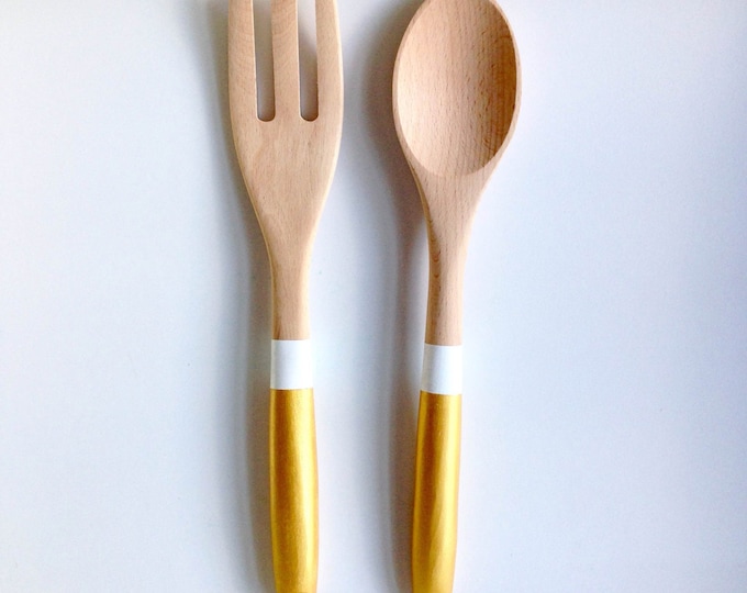 Gold + White Wood Serving Utensils | Kitchen Utensil Set | Wooden Spoon and Fork | Cooking Utensils | Salad Serving Utensil Set | Set of 2