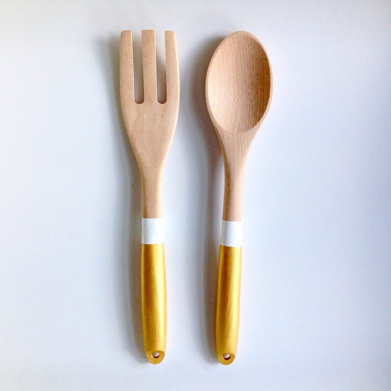 Gold White Wood Serving Utensils Kitchen Utensil Set Wooden Spoon and Fork Cooking Utensils