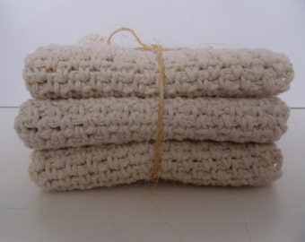 11 inch square 100% cotton ecru crocheted wash cloths set of 3