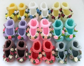 Hand Knitted -  Satin Rose -  Mary Jane Baby Girl Shoes (0-3 months)