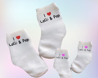 Baby/Toddler/Child I Love Lolli and Pop Socks. Multiple sizes offered. Choose from 0-6 months to 10 years.  Choose Color and size. Cute Gift