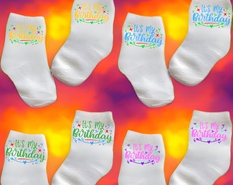 Baby/Toddler/Child It’s My BIRTHDAY Socks. Multiple sizes offered. Choose from 0-6 months to 10 years.  Every Baby Needs. Cute Baby Gift!