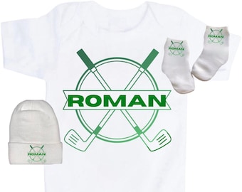 Baby Golfer Bodysuit and a White Hat, Newborn Mitts and Socks For Newest Golfer