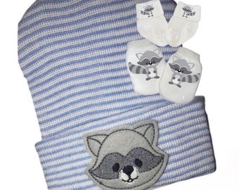 Newborn Hospital Hat. Raccoon Newborn Hat with Option to purchase no scratch mitts & socks. Choice of Hat Colors.