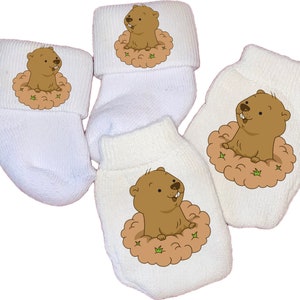 MITTENS & Sock Option Newborn no scratch Mittens With GROUNDHOG Boy or Girl Perfect Shower / Newborn Gift! Every Baby Needs. Cute Baby Gift!