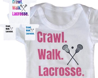 Baby Bodysuit with Crawl Walk Lacrosse You Choose Size and Word Color. GREaT GiFT  1st Keepsake