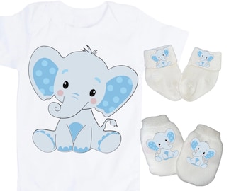 Elephant Baby Bodysuit with No Scratch Mittens and Socks! Size 0-3 Months. EXCLUSIVELY FOUND HeRe!