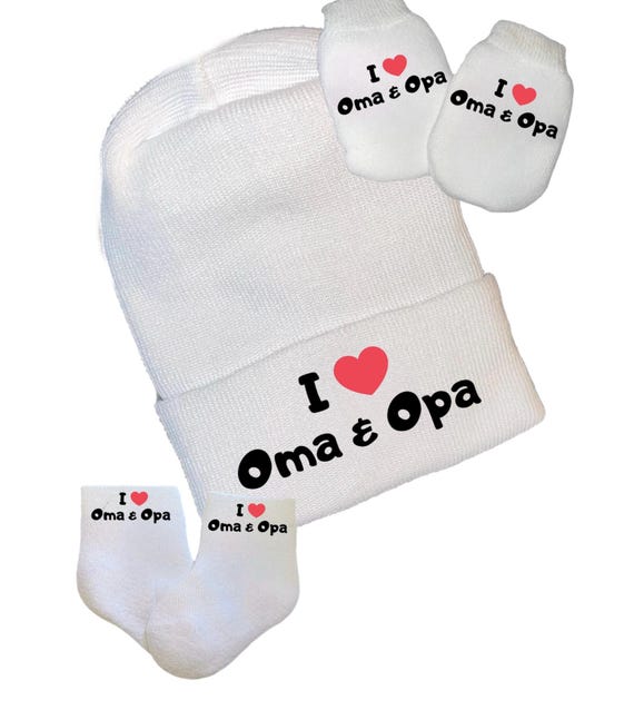 Baby Hat. I LOVE Oma & Opa Hat, No Scratch Mitts and Socks. Perfect Gift! Newborn Hospital Hat. Baby's 1st Keepsake!