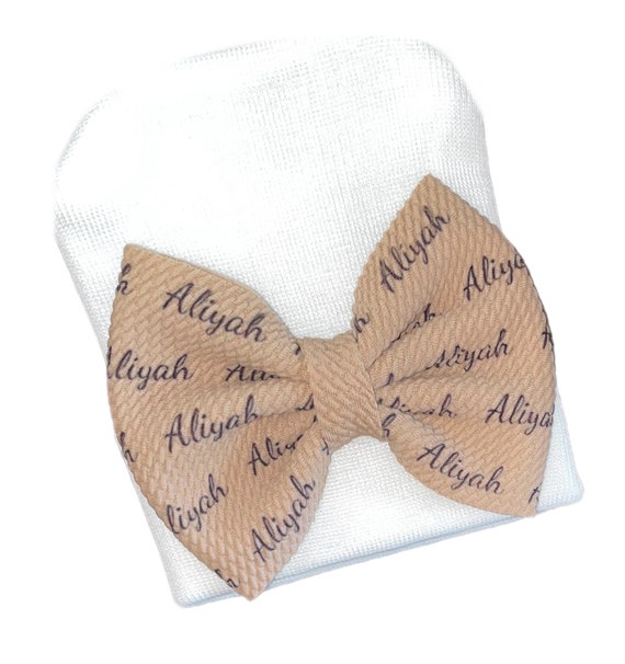 Name Bow Hat or Headband. Ships Within 2 Business Days. Newborn Size Hat. Great Photo Prop.