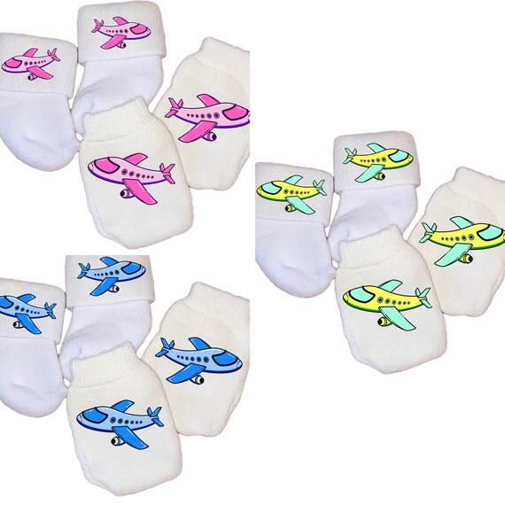 MITTENS & Sock Option Newborn no scratch Mittens With Choice of Color Airplane Perfect Shower/Newborn Gift Every Baby Needs. Cute Baby Gift!