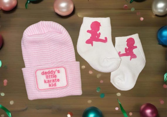Newborn Hospital Hat daddy's little Karate Kid AND Socks. Gender Reveal, Surprise Dad! Coming Home Hat, Cute Baby Gift