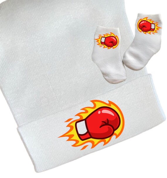 Newborn Hospital Hat Little Fighter. Option to add Socks & Mitts.Great Gift. Baby's 1st Keepsake. Cute